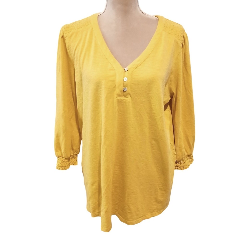 J. Jill Womens Large Mustard Yellow Slub Knit Smocked Henley V-Neck Tunic Top